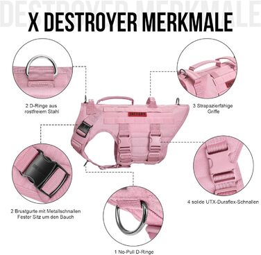 Тактична шлея для собак OneTigris X Destroyer, регульована, проти ривків, з 3 ручками, 2 металевими пряжками, захисна, розмір S, рожева