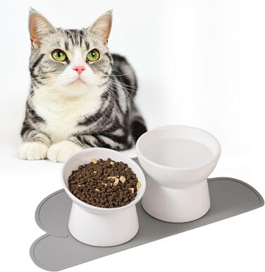 Набір мисок для котів з підняттям, кераміка, 3 шт. з антиковзною підкладкою, великі миски для їжі та води, білий