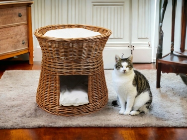 Плетений будинок-ліжечко з лози з подушками кольору екру