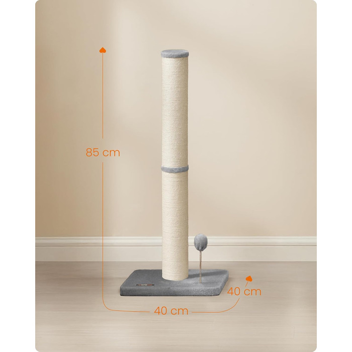 Дряпка для котів Feandrea, 85 см, дряпка-стійка, котячий комплекс, дряпка з сизалю, з плюшевим м'ячиком та дзвіночком, таубенграу PCA040G01