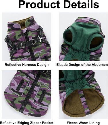 Зимовий теплий пуховик для собак з прорізами для зчеплення, вітронепроникна куртка для холодної погоди, бавовна, костюм для цуценят, маленьких та середніх собак, розмір XL (XL: Обхват грудей: 50 см, Стиль 8: фіолетовий камуфляж)