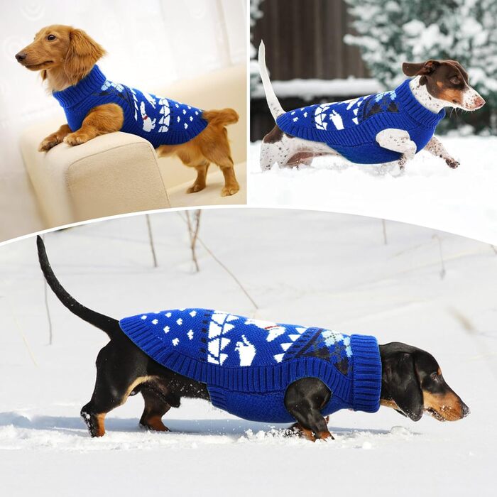 Пуловер для собак Лелепет для такс, в'язаний пуловер з візерунком такси, теплий пуловер для великих собак з високим коміром, зимовий пуловер, зелений (XL, синій)