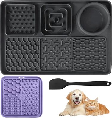 Матиця для собак 2 шт. з шпателем, лижуча килимок для собак та котів з присосками для купання, догляду за шерстю, тренувань, годівлі, повільне годування, зменшення тривоги, іграшка для собак (чорний+фіолетовий)
