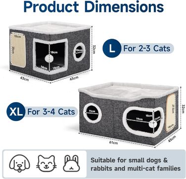 Шика Будинок-печеринка для котів, великий закритий будиночок для котів, 61T*45B*32H см, двоярусний куб для котів, XXL печеринка для котів з когтеточкою та іграшкою, будиночок-печеринка для маленьких та середніх тварин, великий, сірий