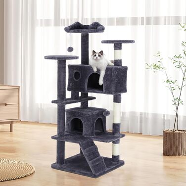 Котячий дряпак DUMOS 135 см, ігровий комплекс для котів з будиночком, стовпчик для дряпання, обгорнутий сизалем, темно-сірий