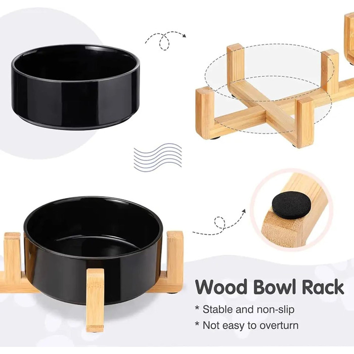 Керамічна миска для собак та котів з бамбуковою підставкою 2 шт. 600 мл (Чорний)