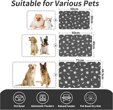 Підкладка для годівлі домашніх тварин – вбираюча підкладка під миски для їжі та води, без плям, швидковисихаюча (темно-сіра, з кількома лапами, 44.5 x 71 см)