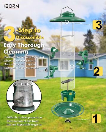 Годівниця для птахів iBorn на відкритий простір – годівниця для птахів з металу, місткість 900г, 4 отвори для годування, чорний/зелений колір
