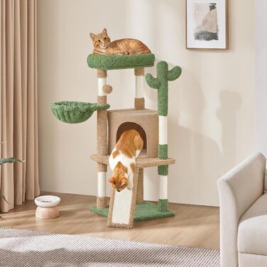 Дім-когтеточка для котів Yaheetech Kaktus: стабільна конструкція, оглядові платформи, печера, лежанка, сизаль, бежево-коричневий (коричнево-зелений, M)
