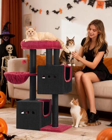 Дерево для кігтів Hzuaneri, 98 см, зі стійкою основою, з лежаком, будиночком для котів, сизалевими стовпчиками, кошиком та іграшками, меблі для котів, ігровий комплекс, MS07618LG (55 x 30 x 98 см, Чорний/Червоний)