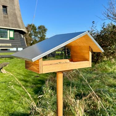 Дизайнерська годівниця для птахів GARTENETAGE з металевим дахом, дерев'яна, на стійці, для саду, стійка до негоди