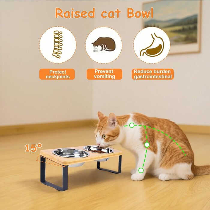 Підвищена годівниця для котів з нержавіючої сталі (907.2 г), антиковзаюча, нахилена під 15°, для котів та цуценят