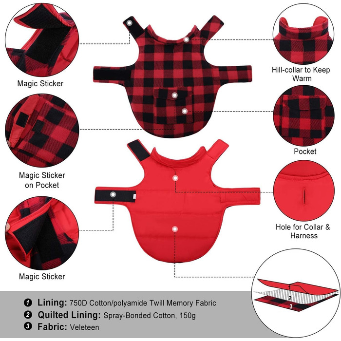 Теплий зимовий одяг для собак M - куртка з флісу, водовідштовхуюча, червона, з отвором для повідка