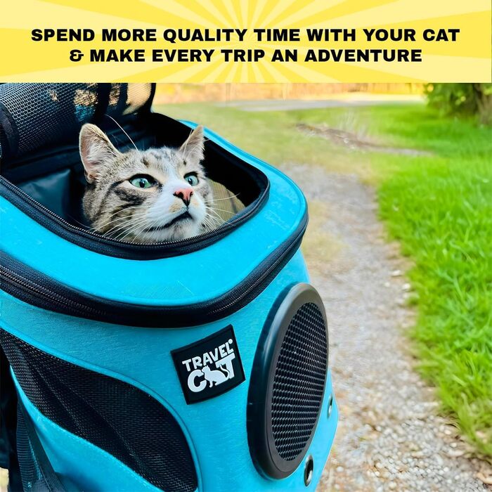 Рюкзак для котів 'The Fat Cat' Aqua – переноска для великих котів із бульбашковим вікном, бічними кишенями та регульованими лямками, для подорожей і прогулянок