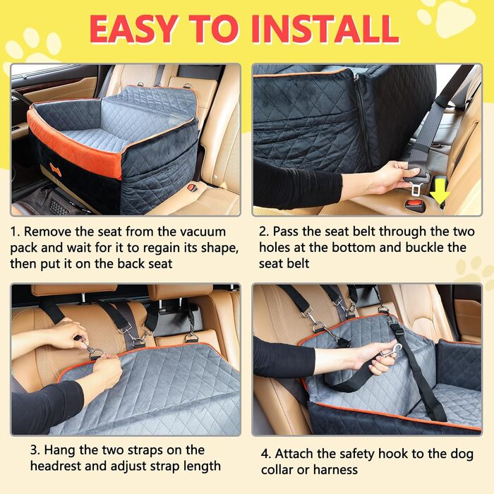 Автокрісло для собак PetsHome - чорне, для середніх та великих собак, знімний, з Memory Foam, з кишенями та ременями безпеки