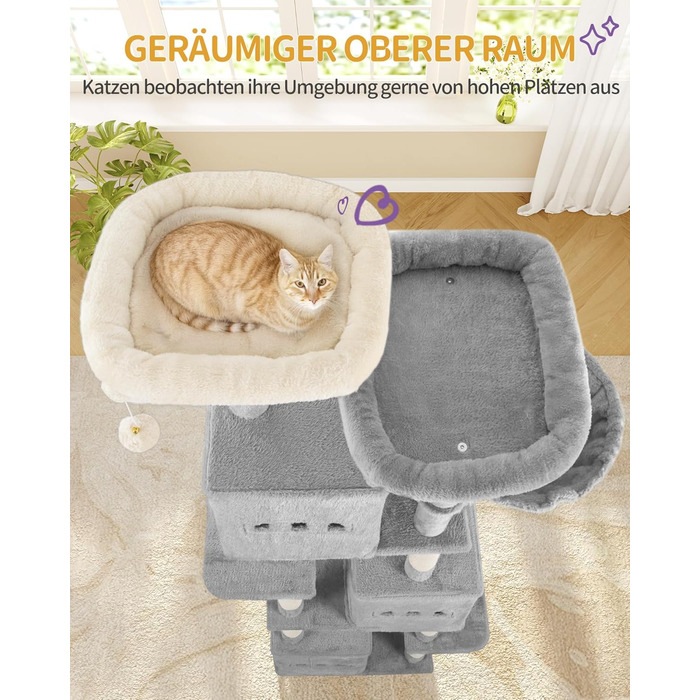 Великий котячий будиночок-кліматизатор, 193 см, XXL, 7 стовпчиків для дряпання, 3 будиночки, 2 платформи, 2 іграшкові кульки, кошик, мотузка для лазіння, багатоповерховий, сірий, MS19218LG