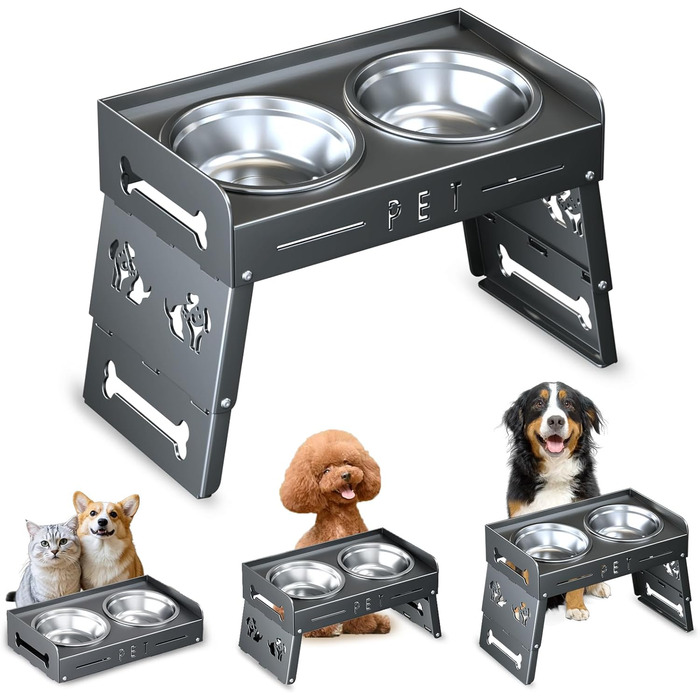Підвищений годівниця для собак з 3 рівнями – 2 великі миски з нержавіючої сталі для маленьких, середніх та великих собак (Сірий)