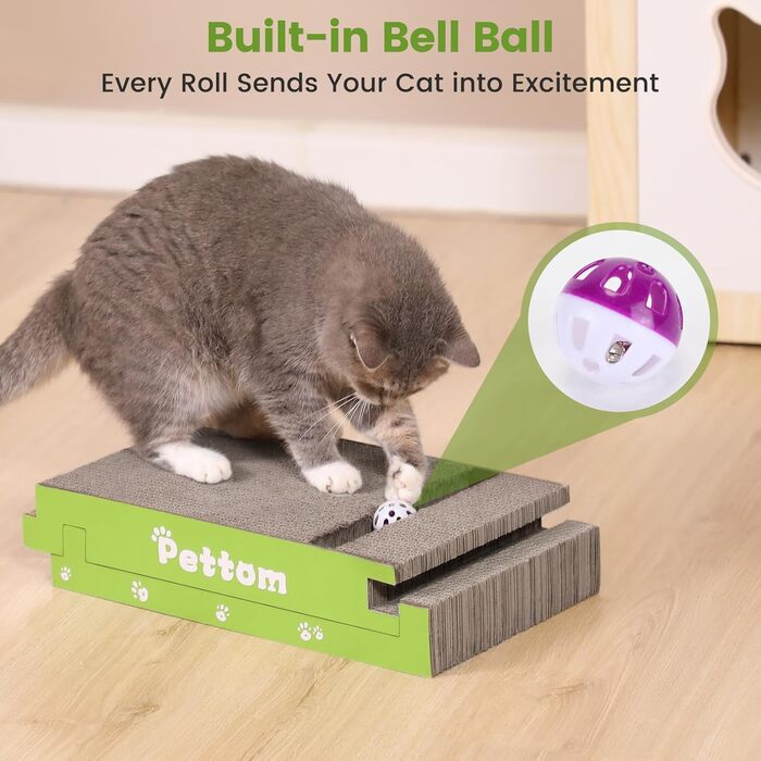 PETTOM Кігтеточка для котів з м'ячиком, з картонної коробки, 66*30 см, двостороння, 43*24*6 см