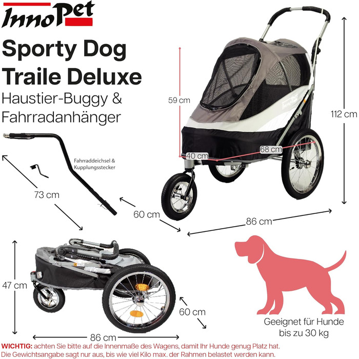 Innopet Sporty: Причіп для собак Innopet Sporty Deluxe (30 кг) - 2-в-1: бугель та причіп для велосипеда, з дощем. Чорний/Срібний