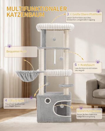 Ігровий комплекс для котів Hzuaneri, кігтеточка-кіттенбаум 151 см, 6 стовпів для дряпання, світло-сірий