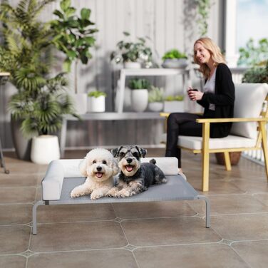 Лежанка для собак PawHut Outdoor, піднята лежанка для середніх собак, охолоджуюча лежанка для домашніх тварин з L-подібною подушкою та антиковзними ніжками, лежанка для собак на вулицю, кемпінг, 110x75x30см, світло-сіра