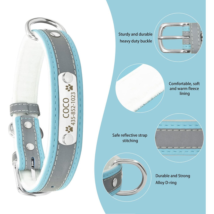 Іменний світловідбиваючий нашийник та поводок для собак та котів Senristar, блакитний комплект. Персоналізований нашийник з гравіюванням, XS (ширина 1,5 см, обхват шиї 19-25 см)