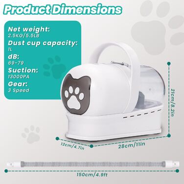 Машинка для стрижки собак з пилососом, 13000PA, 7 насадок для грумінгу, триммер для лап, щітка, гребінець, 3 рівні всмоктування
