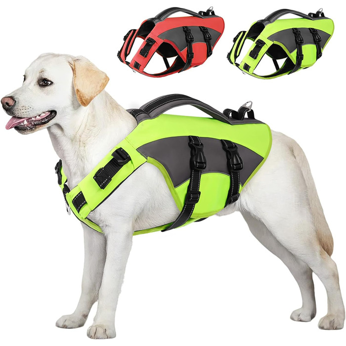 Спасальний жилет для собак CITEKOILE з ручкою та світловідбиваючими елементами, регульований, для малих, середніх та великих собак, для водних видів спорту, плавання та катання на човні (XXL, Зелений)