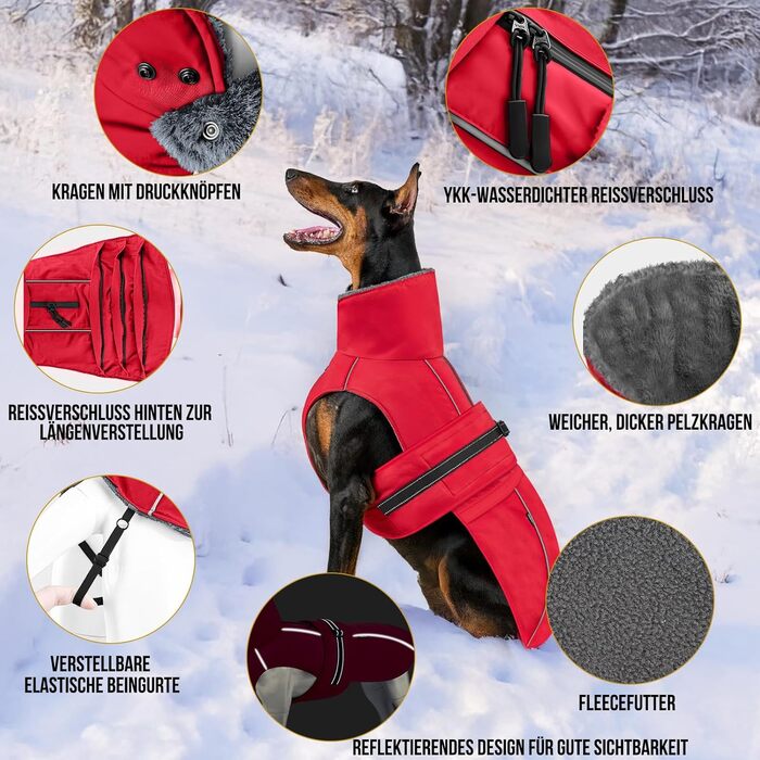 OneTigris STORMWALL Водонепроникний дощовик для собак з регульованою довжиною спини, флісовою підкладкою, світловідбиваючими елементами та коміром з хутра для прогулянок на природі, середніх та великих собак, L (XL:39-64кг, червоний)