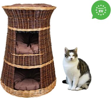 Корзина для котів для сну – котяча хатинка для дому – розмір 43 x 49 x 70 см, кругла – котяча печера з лози, трирівневе ліжко для собак або котів з пральними подушками в бежевому кольорі – лакована корзина (коричневі подушки)
