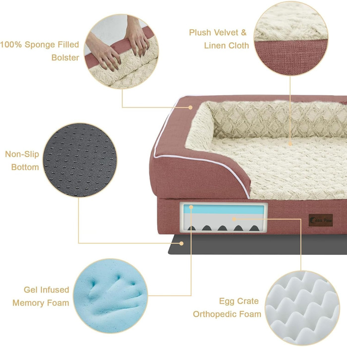 Ортопедичне собаче ліжко XXL, вологостійке, з піною Memory Foam, для великих собак, 134 x 107 см, з неслизьким дном та піною-гофрою, колір темно-зелений (45 x 35 см, рожевий)