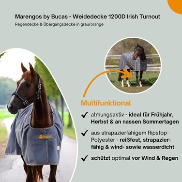 Зимова ковдра Marengos Bucas 1200D Irish Turnout - дихаюча та водонепроникна ковдра для вигулу з внутрішнім шаром та перехресним кріпленням. Сірий/Помаранчевий, розмір 145 см (наповнювач 50 г/м²)
