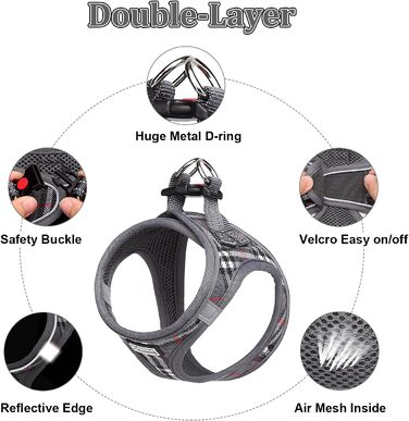 Нашийник для собак маленьких порід з повідком, анти-тягнучий, світловідбиваючий, дихаючий, нагрудник для цуценят (S, обхват грудей: 29-33см) (Сірий в клітинку, XL (обхват грудей: 46-53см, вага: 8-10.5кг))
