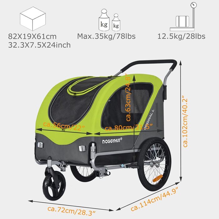 Фархангер Doggyhut Tiggo 80405 для собак до 35 кг (зелений) 2-в-1: вагончик та велосипедний причіп