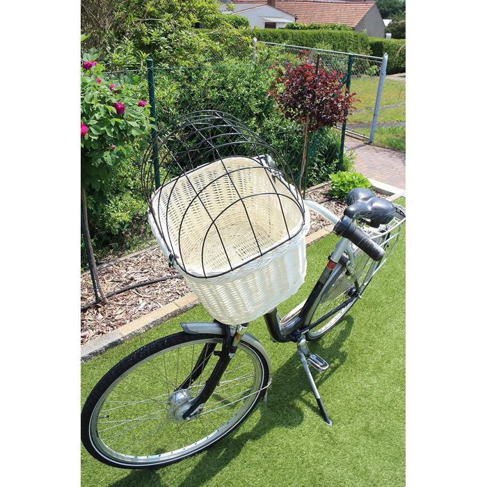 Корзина для собак на велосипедний кермо з ротангу з металевою сіткою та подушкою, білий ротанговий кошик для собак (з подушкою)