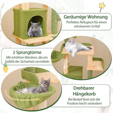 Драбина для котів COSTWAY Kaktus, 160 см, з будиночком, платформами, сизалевими стовпчиками, кошиком, дряпалкою та іграшками. Зелено-помаранчевий котячий комплекс