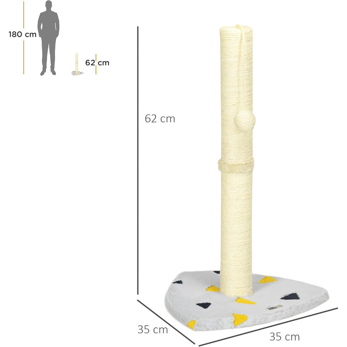 Котячий кігтеточки PawHut 62см: когтеточка-стійка з джутового покриття, з іграшкою-м'ячиком, для дому, сіро-бежева