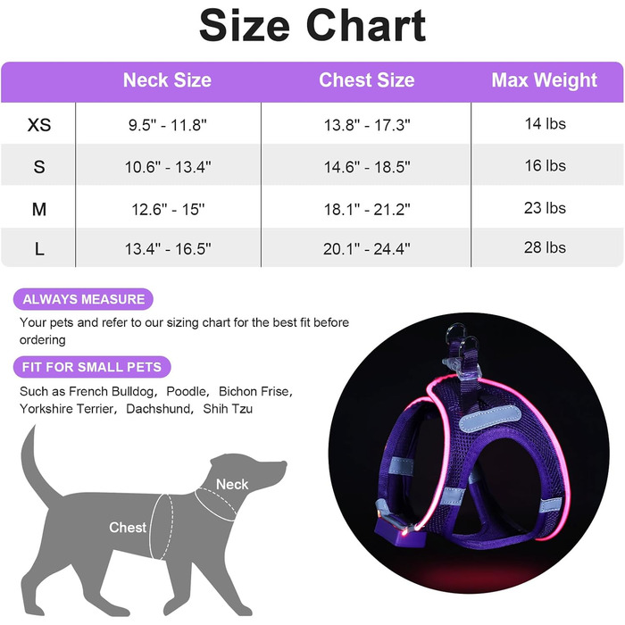 Світлодіодне шлейка для собак Feycig з підзарядкою, світловідбиваюча та світлочутлива для цуценят та собак середніх розмірів, дихаюча шлейка (фіолетовий, L)