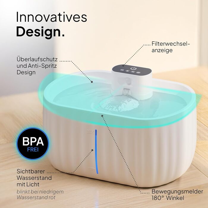 Автоматичний котячий фонтан Pretty Paw Aqua Sense, бездротовий, з датчиком руху, фільтром і 3-літровим резервуаром, білий, питний фонтан для котів