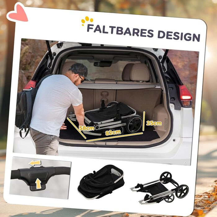 PawHut: Візок для собак та котів 3-в-1 (візок, автокрісло, сумка), чорний, до 15 кг