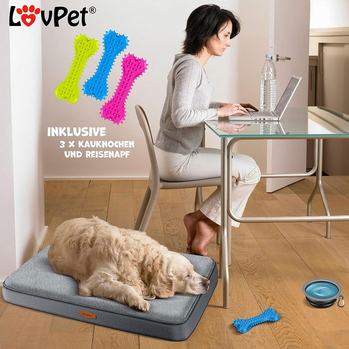 Ортопедичне ліжко для собак Lovpet Cookie XL, антрацит, з мискою і 3 кісточками, знімний і праний чохол, для малих, середніх і великих собак