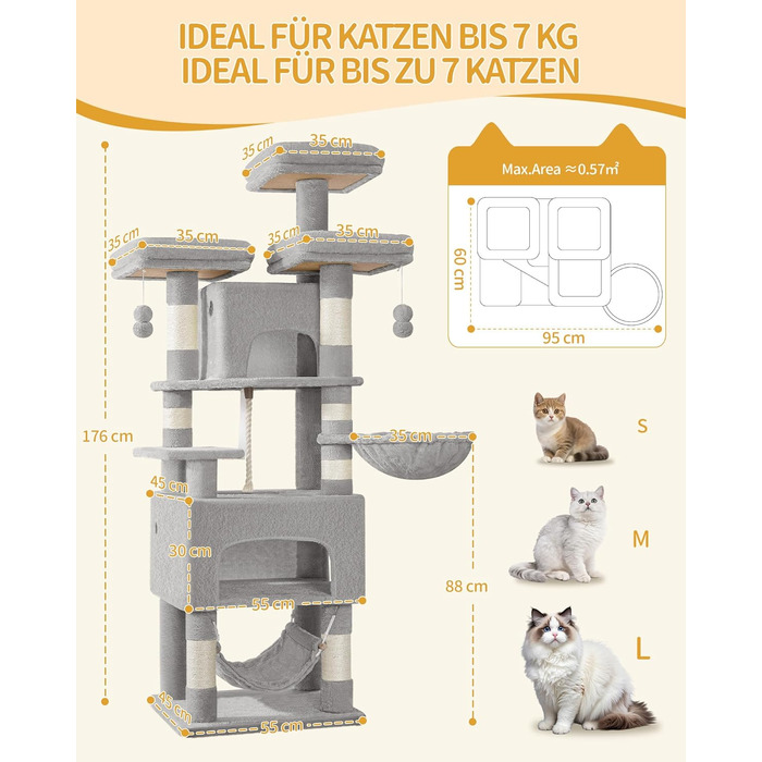 Кігтеточка для котів Hzuaneri, 176 см, XL, 3 платформи, 2 печери, 7 стовпчиків, гамак, плюшеві кульки, для багатокотових сімей, MS17618SG (Світло-сірий)