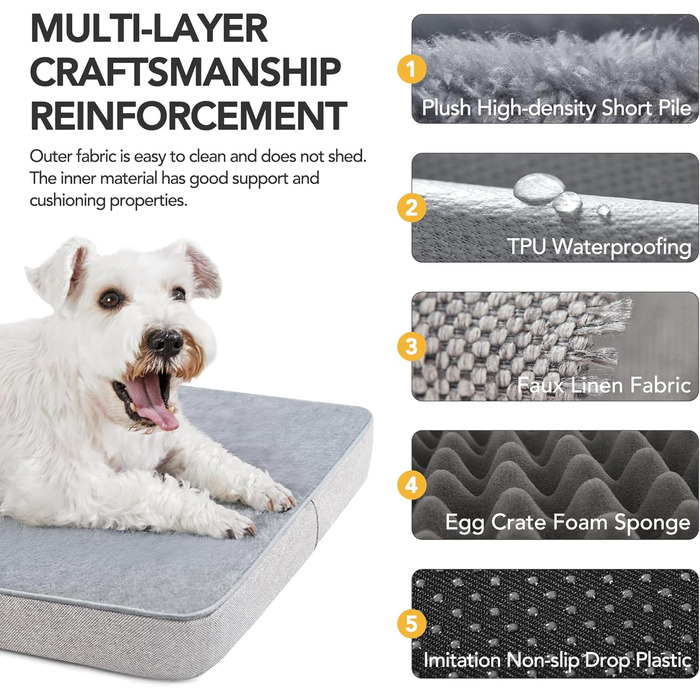 Ортопедичний лежак для собак середнього розміру, лежанка-матрац знімний водовідштовхуючий, з антиковзною основою, розмір M (76,2 x 50,8 x 7,6 см), сірий