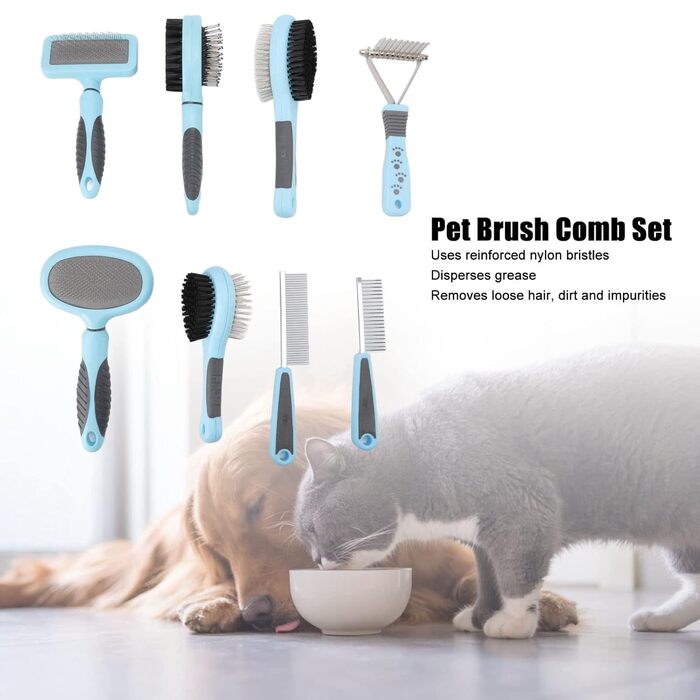 Набір гребінців для собак та котів 8 в 1: багатофункціональний інструмент для догляду за довгою шерстю, гребінь з нержавіючої сталі, ергономічна ручка, ефективне видалення ковтунів