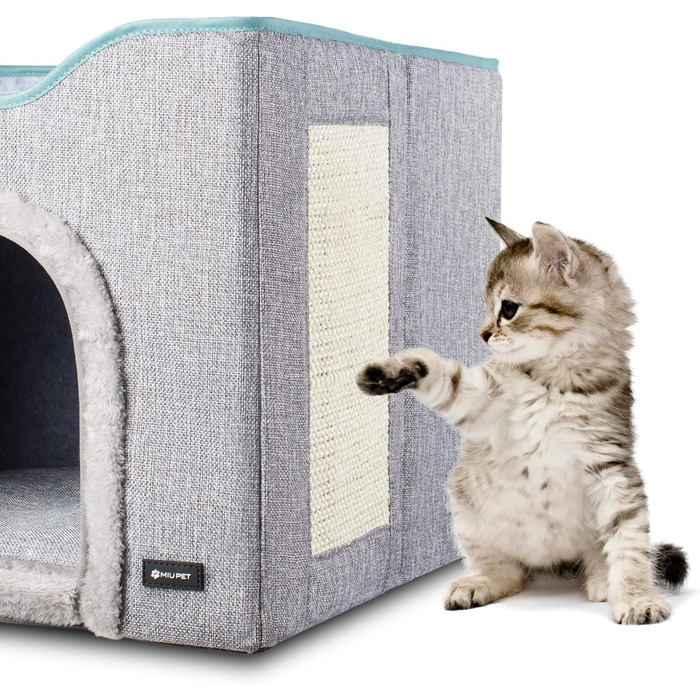 MIU PET Великий складаний 2-в-1 будинок для котів для дому, оновлений котячий будинок і лежак, 2 двосторонні подушки та літній матрац, для всіх сезонів, укриття для котів із кігтеточкою