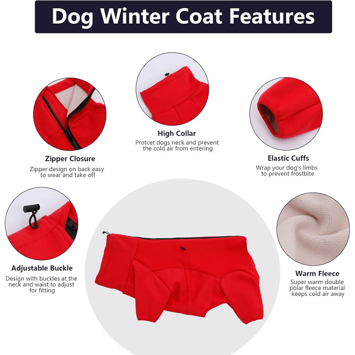 Теплий флісовий халат для собак, цільнотілий, з чотирма лапами, з регульованим капюшоном та блискавкою, зимовий одяг, ідеально підходить для собак у приміщенні та на вулиці, для малих, середніх та великих собак, червоний