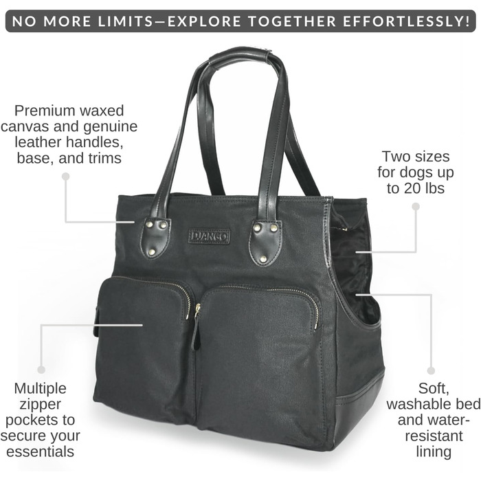 Сумка-переноска для собак DJANGO - чорна, велика, з міцної тканини вощенного канвасу та шкіри, з поворотком-поводком та надійними кишенями