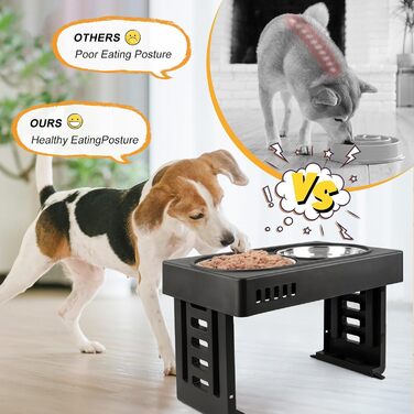 Підвищений годівниця для собак та котів 2-в-1, 4 регульовані висоти, підставка Anti-Slip з нержавіючою чашею, чорний (44 x 27,5 x 7 см)