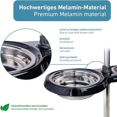 Підставка для мисок PetTec, для великих собак, 2×2,5 л, чорна, регульована по висоті, підвищена миска для корму і води