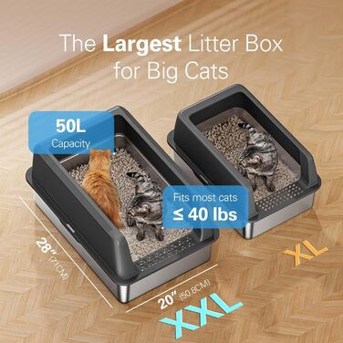 Zarler XXL туалет для котів із нержавіючої сталі з кришкою, велика котяча туалетна коробка 70,6×50,8×32,8 см, металева з високим бортом, для кількох котів, сіра